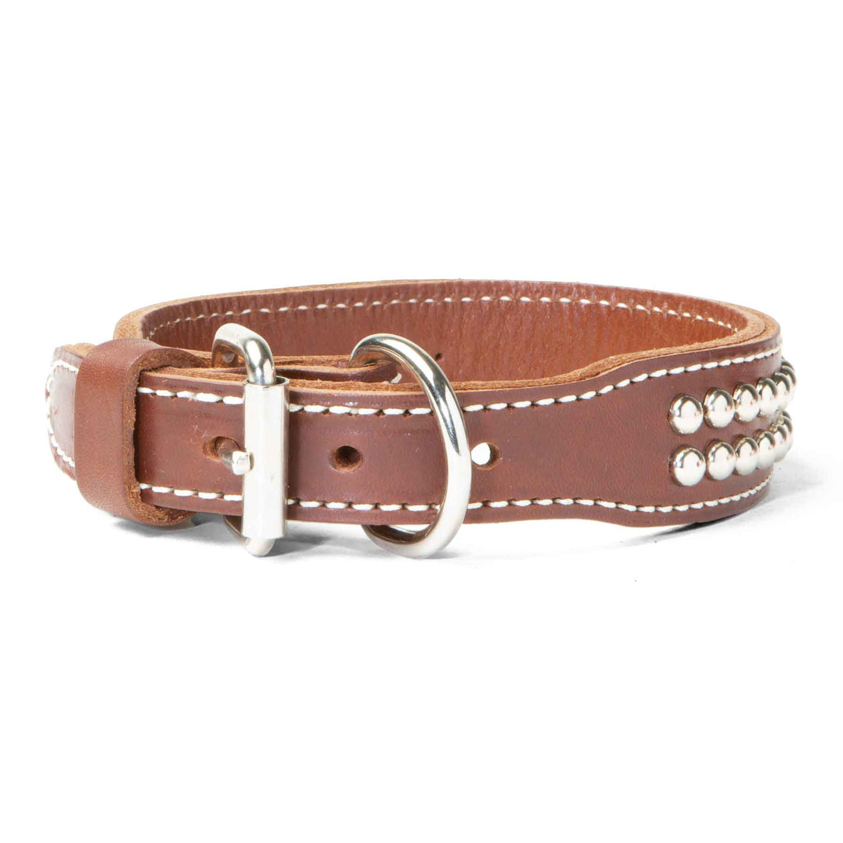 Double Ply 1 1/4" Wide Stitched & Studded Leather Dog Collar