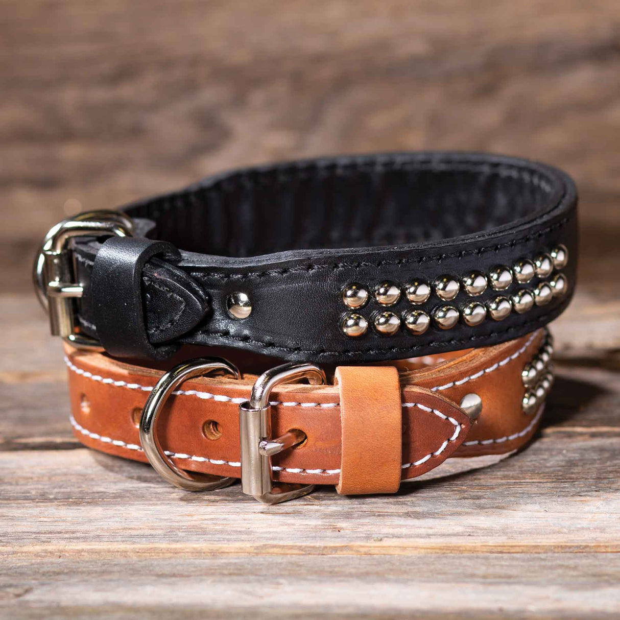 Double Ply 1 1/4" Wide Stitched & Studded Leather Dog Collar