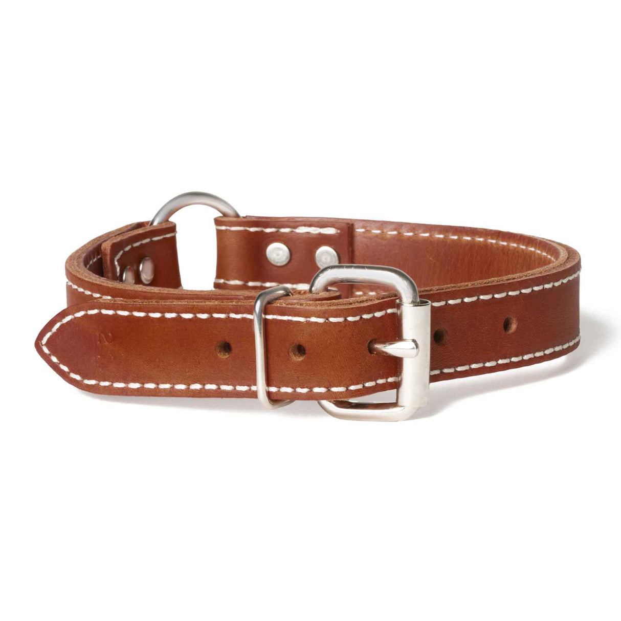 Double Ply 1" Wide Stitched Leather Dog Collar - Ring-N-Center