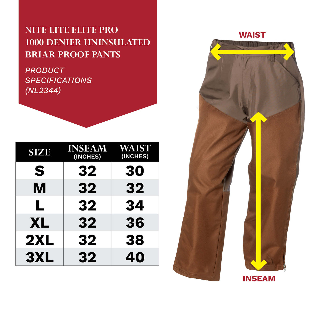 Nite Lite Elite Pro 1000 Denier Uninsulated Briar Proof Pants