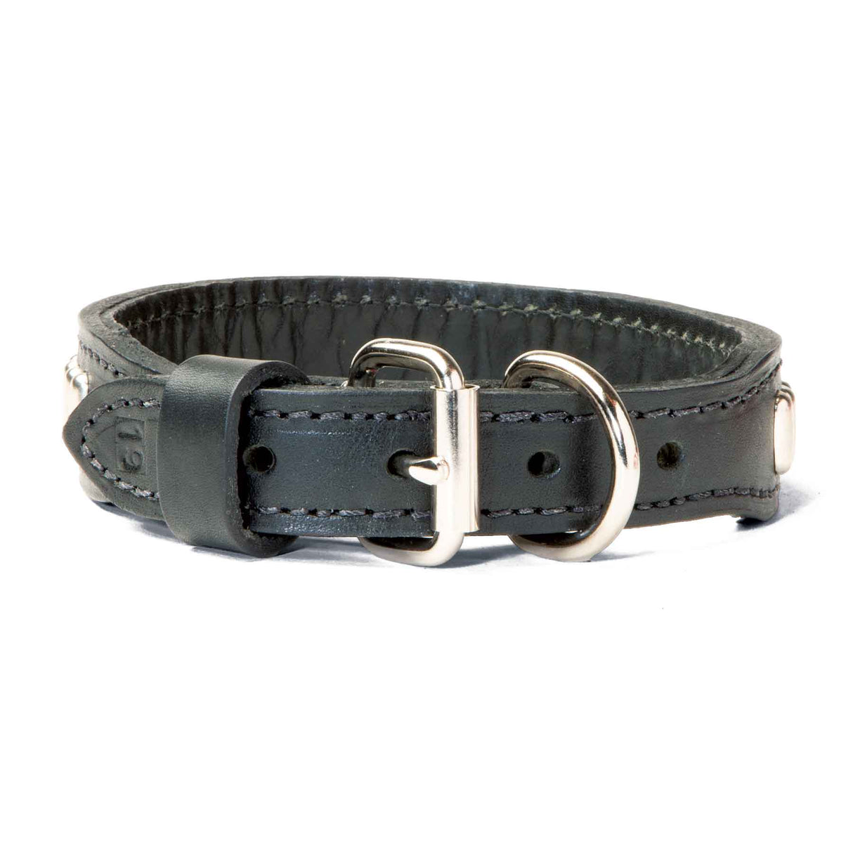 Double Ply 1 1/4" Wide Stitched Leather Dog Collar With Oblong Studs