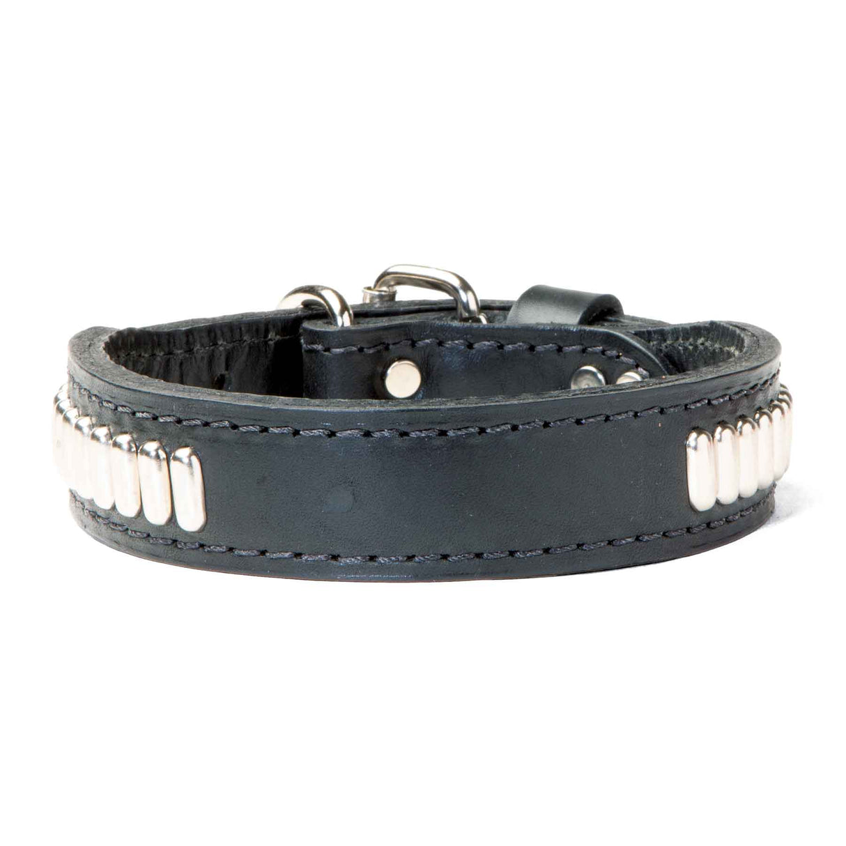 Double Ply 1 1/4" Wide Stitched Leather Dog Collar With Oblong Studs