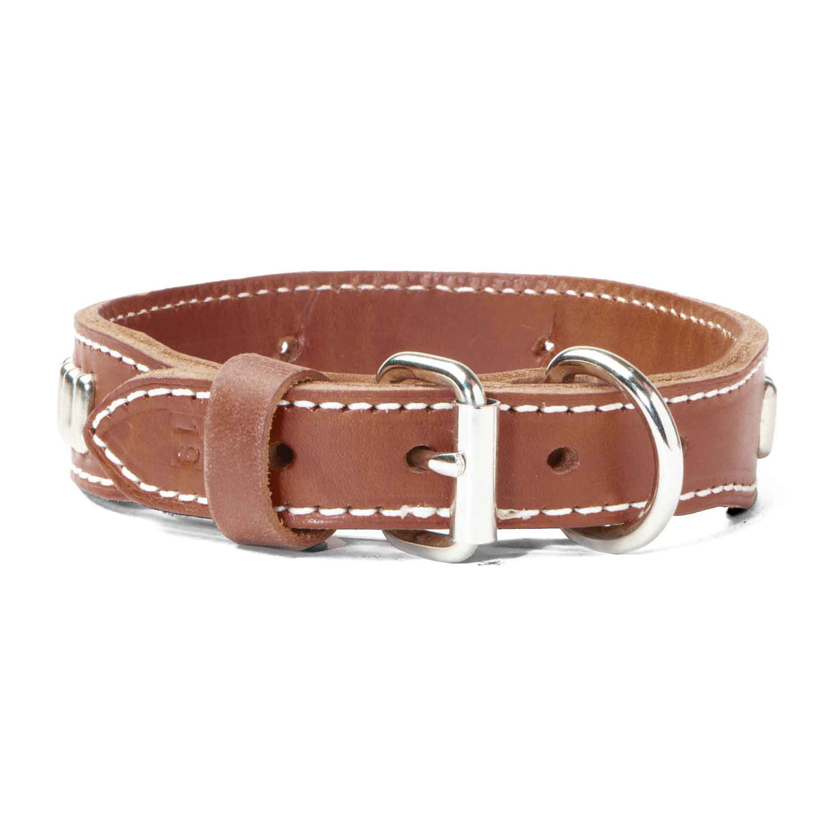 Double Ply 1 1/4" Wide Stitched Leather Dog Collar With Oblong Studs