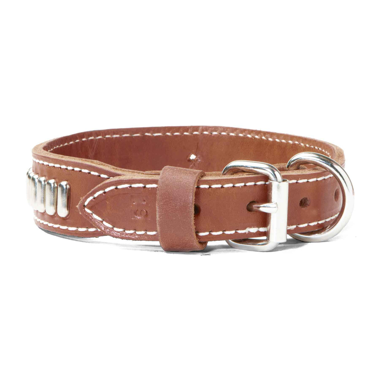 Double Ply 1 1/4" Wide Stitched Leather Dog Collar With Oblong Studs