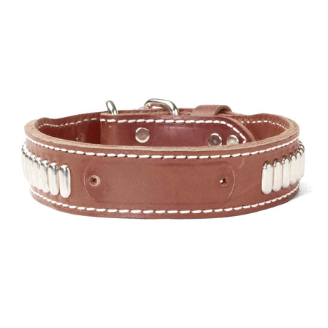 Double Ply 1 1/4" Wide Stitched Leather Dog Collar With Oblong Studs