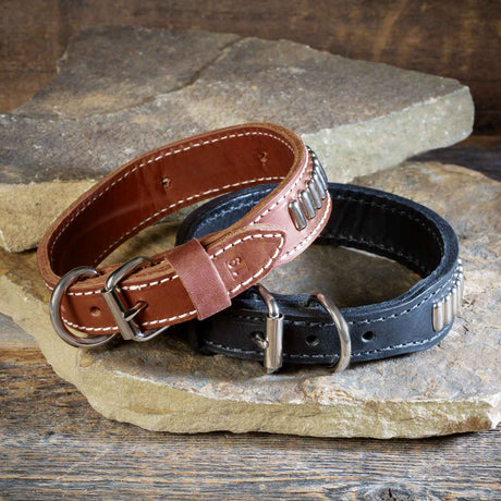 Double Ply 1 1/4" Wide Stitched Leather Dog Collar With Oblong Studs